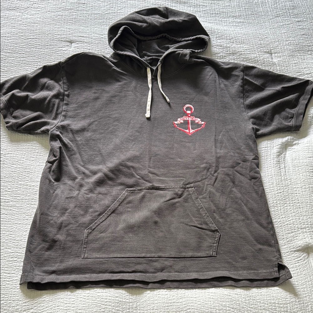 American Apparel Gray Short Sleeve Hoodie with Nauti Seas Design & Skull on Back